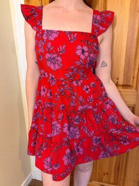BOG Collective Floral Ruffle Tie Dress Red Pink Cottagecore Coastal Cowgirl Mini